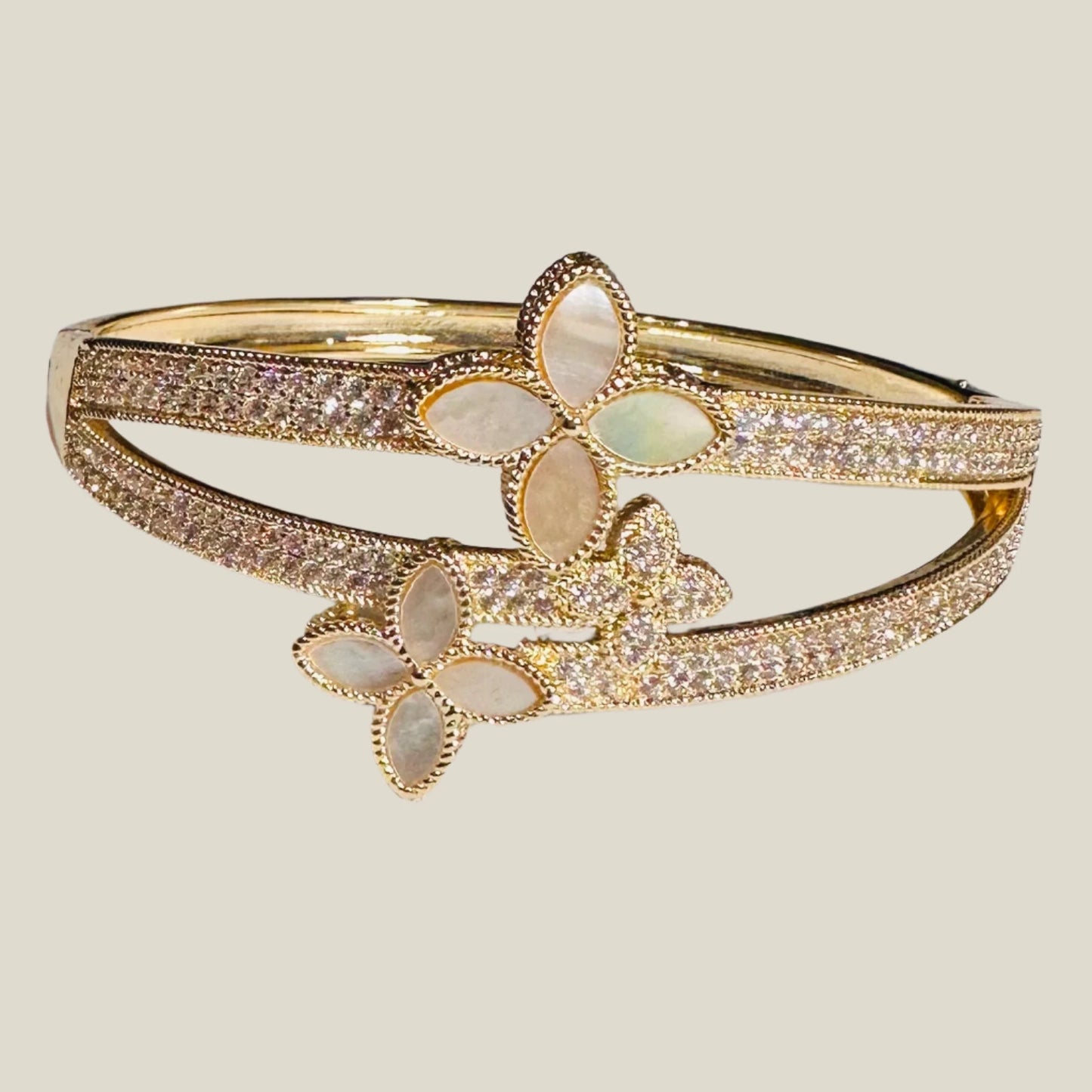 MOP & CZ Multi Clover Gold Hinged Bracelet
