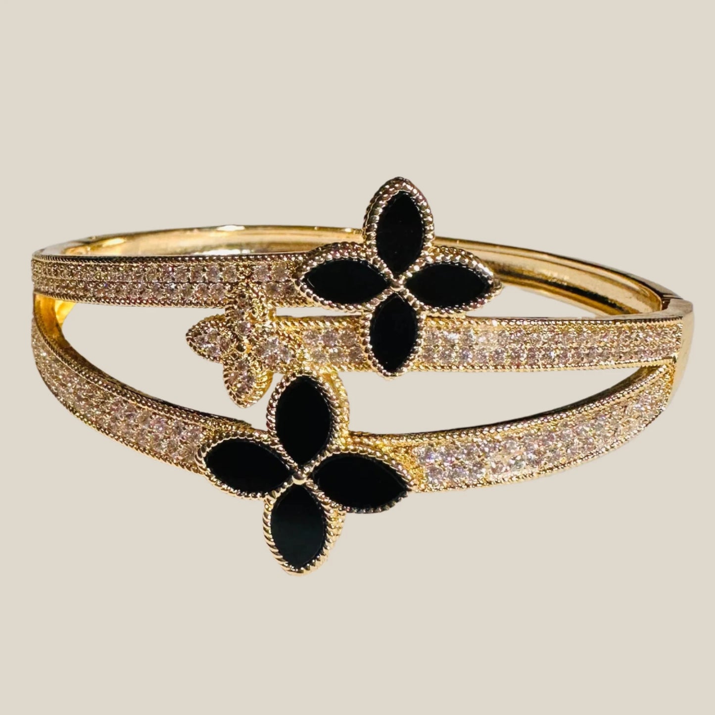 Onyx & CZ Multi Clover Gold Hinged Bracelet (Copy)
