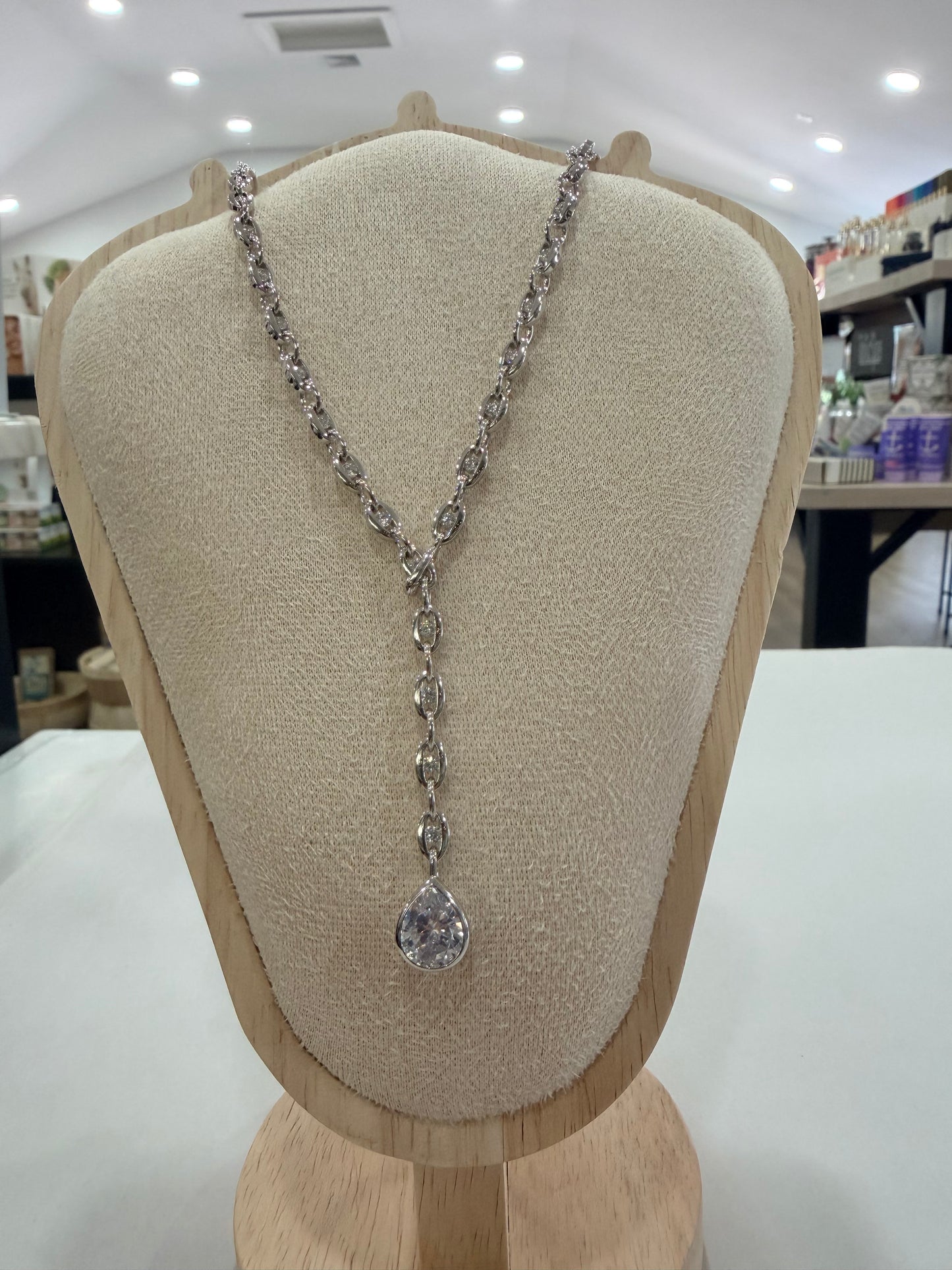 Silver Pear Lariat Necklace