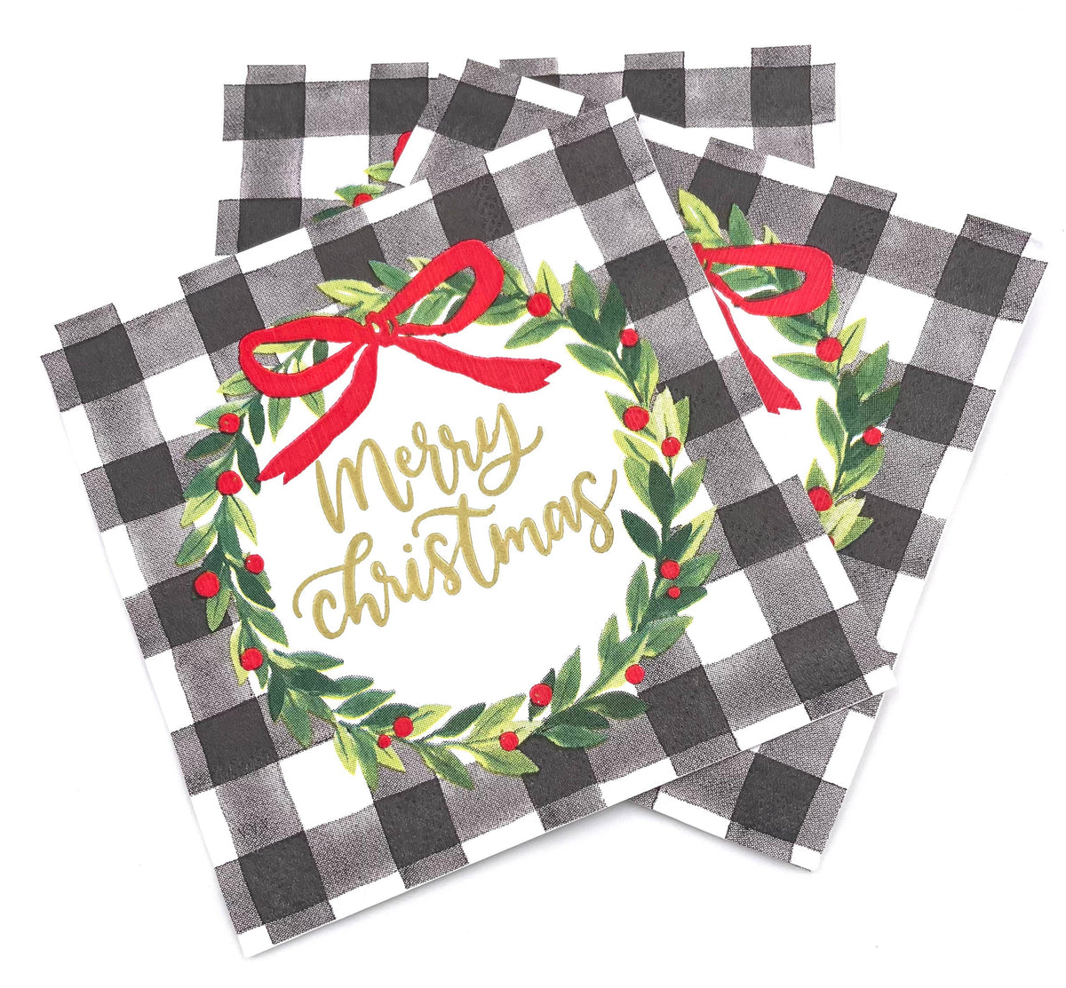 Check Wreath Merry Christmas - Christmas Cocktail Napkins