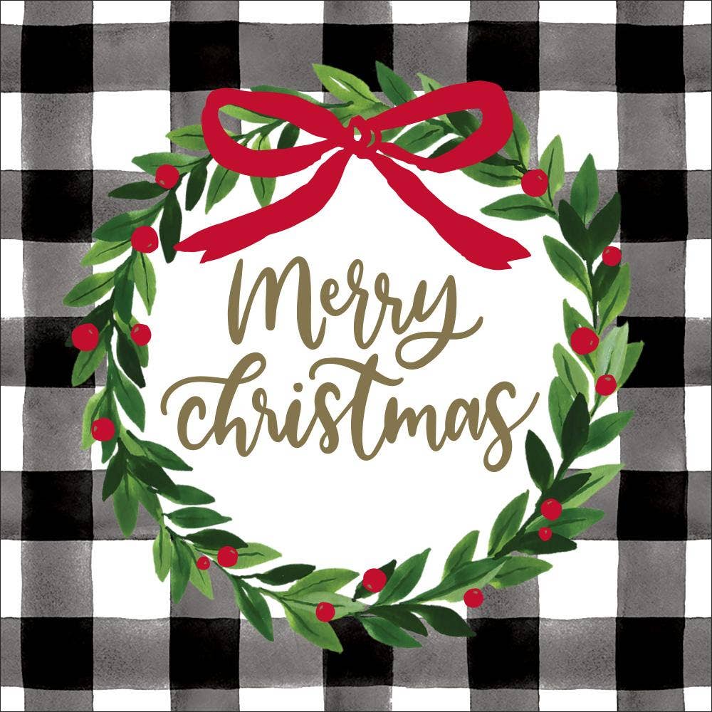 Check Wreath Merry Christmas - Christmas Cocktail Napkins