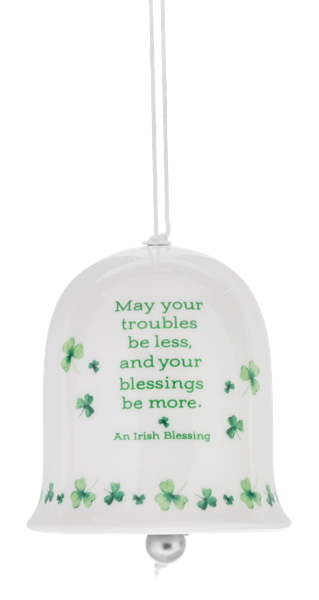 White ceramic Irish Blessing bell ornament with green shamrocks