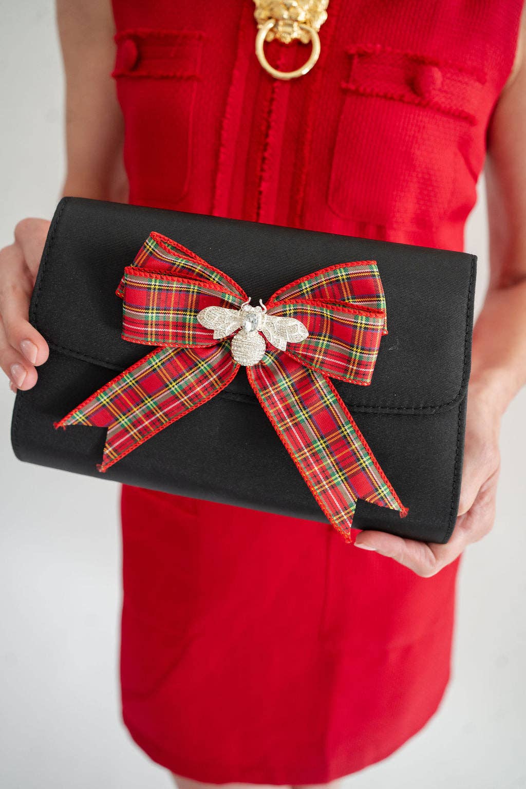 Red Tartan Bow with Tails & Small Rhinestone Bee on Black Molly Clutch