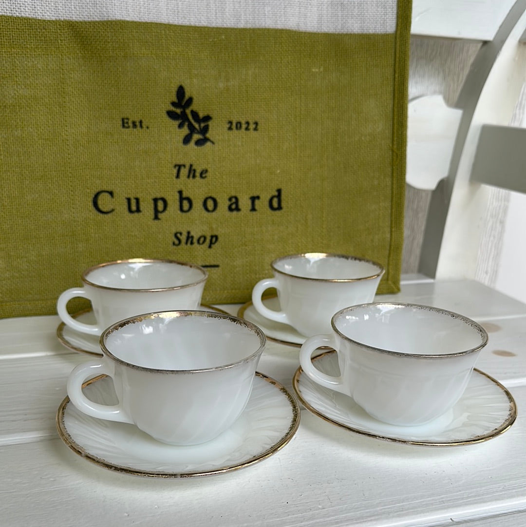 Set of 8, Vintage Anchor Hocking Fire-King Milk Glass W/ Gold Gilt Tea Cup w/ Saucer (Copy)