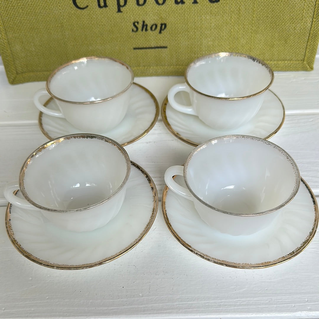 Set of 8, Vintage Anchor Hocking Fire-King Milk Glass W/ Gold Gilt Tea Cup w/ Saucer (Copy)