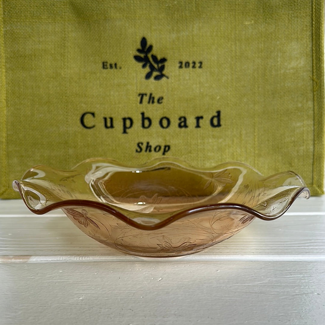 Vintage Jeanette Iris Iridescent Flora Gold Small Ruffle Edge Fruit Bowl