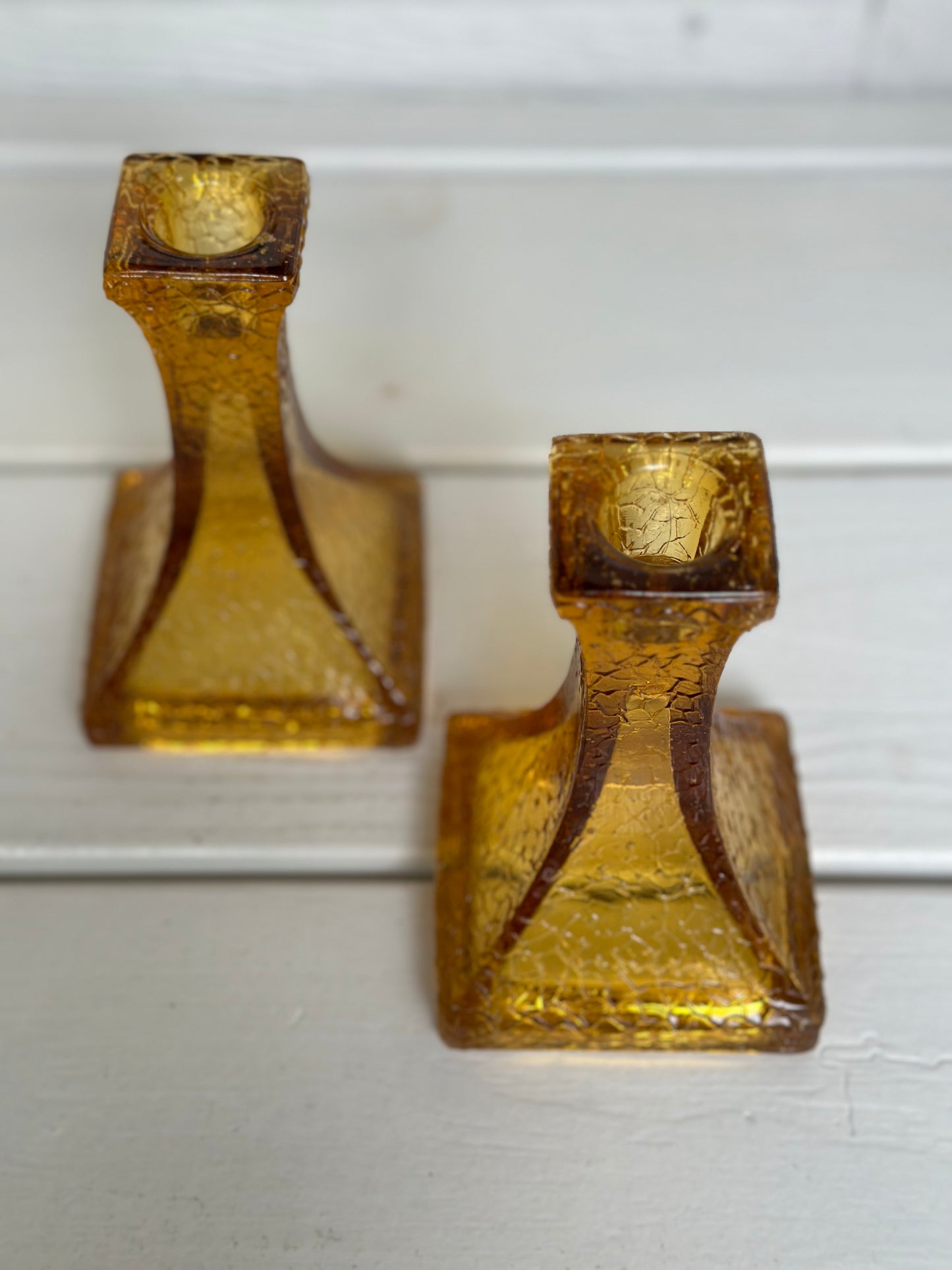 Vintage Crackle Glass Amber Candle Stick Holder 5.5", Set of 2