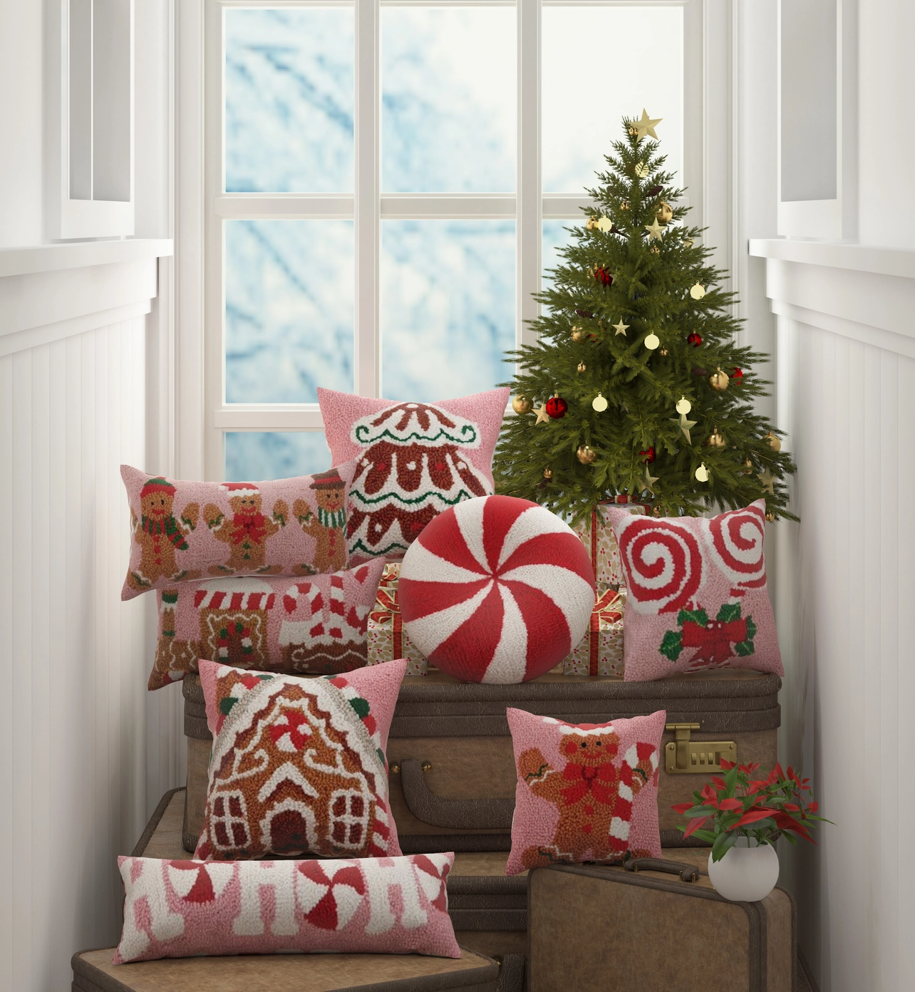 Gingerbread House with Candycane Hook Pillow