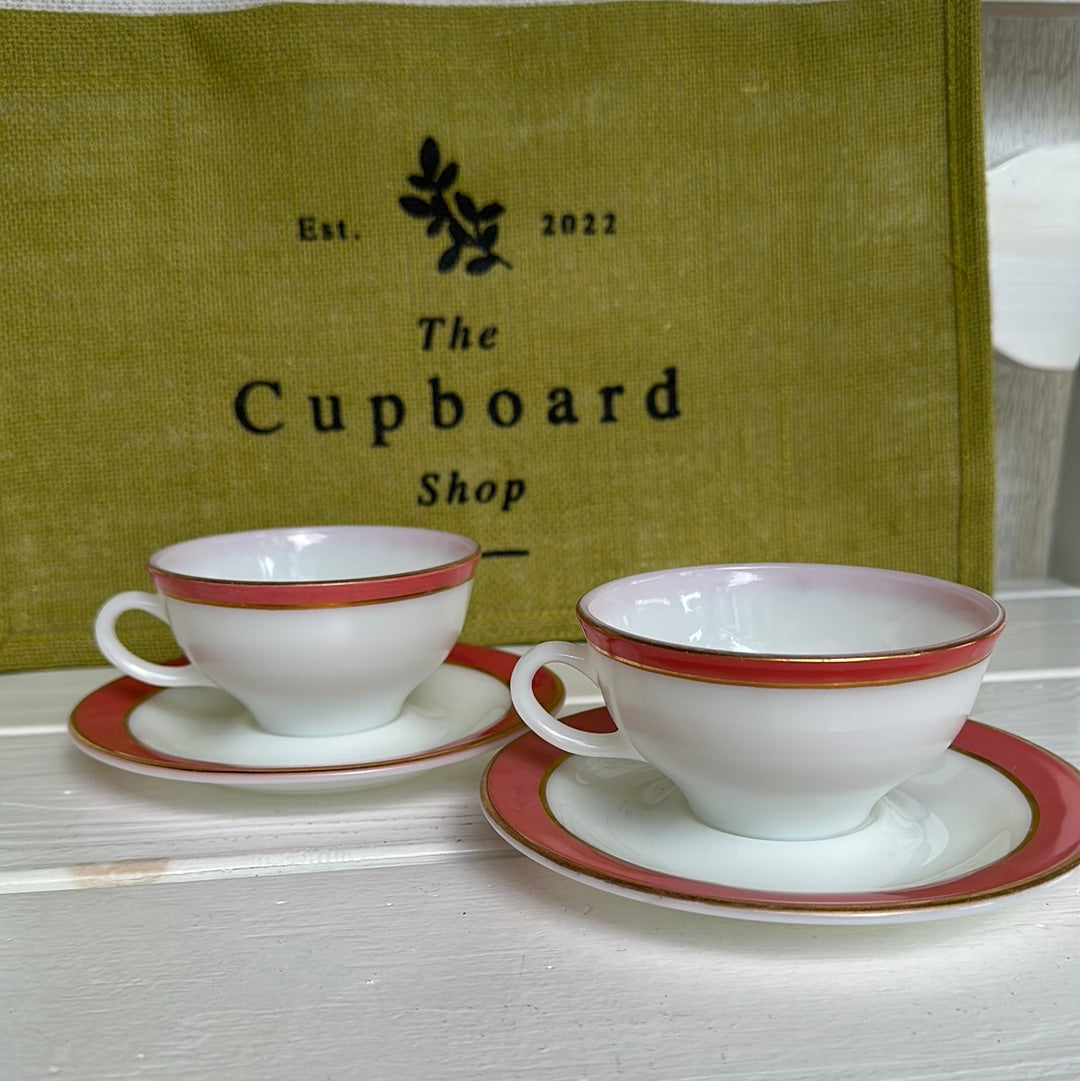 Set of 2, Vintage Pyrex Cup & Saucer Pink Flamingo Band Gold Rim Trim Milk Glass