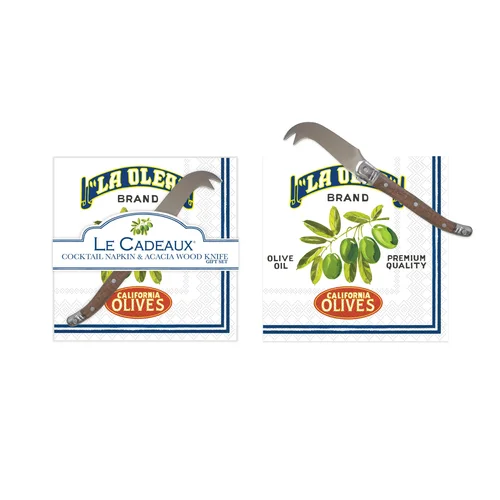 Vintage Olive Italy/ California Cocktail Napkins & Cheese Knife Gift Set
