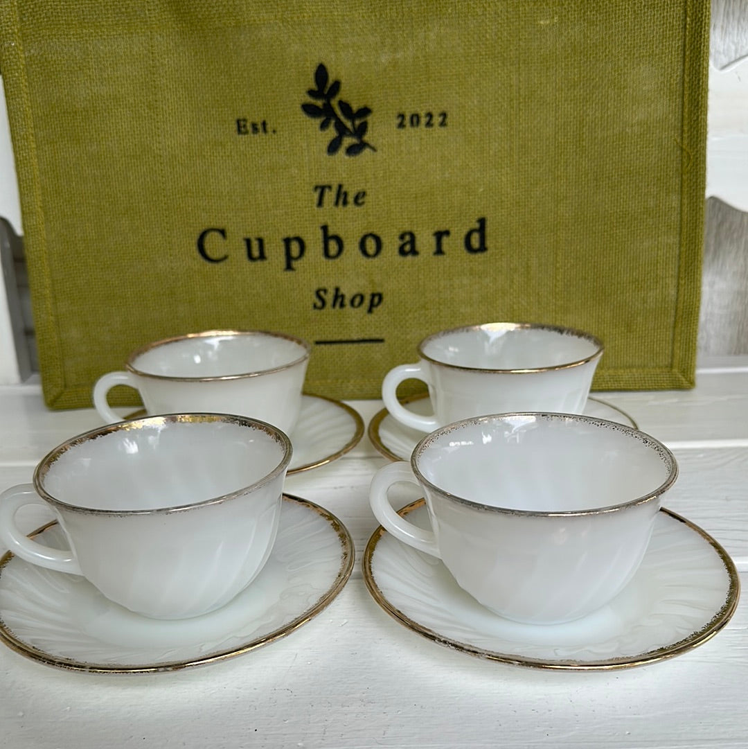 Set of 8, Vintage Anchor Hocking Fire-King Milk Glass W/ Gold Gilt Tea Cup w/ Saucer (Copy)