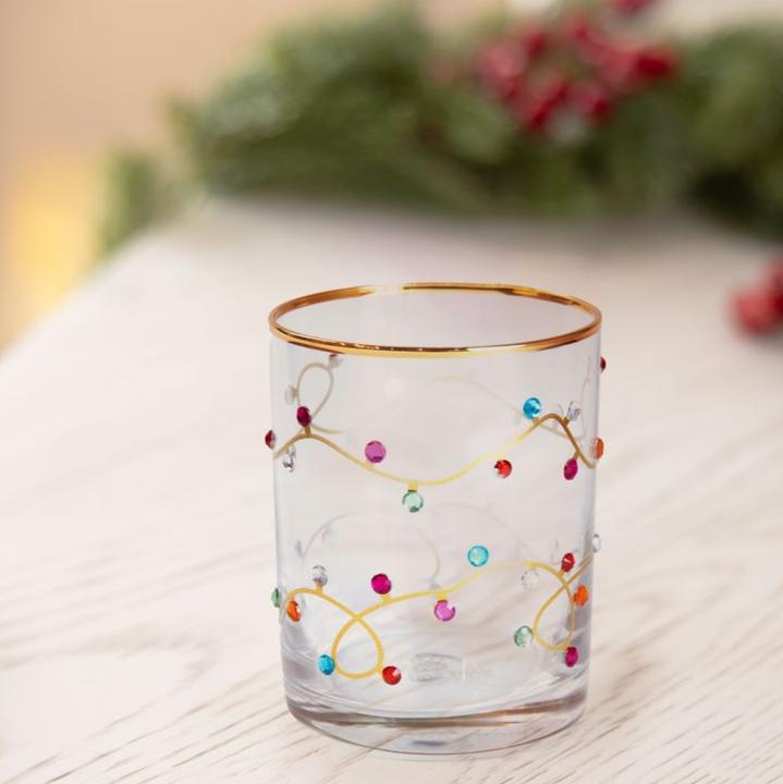 Mary Square Rhinestone Lights Christmas cocktail glass with gold rim