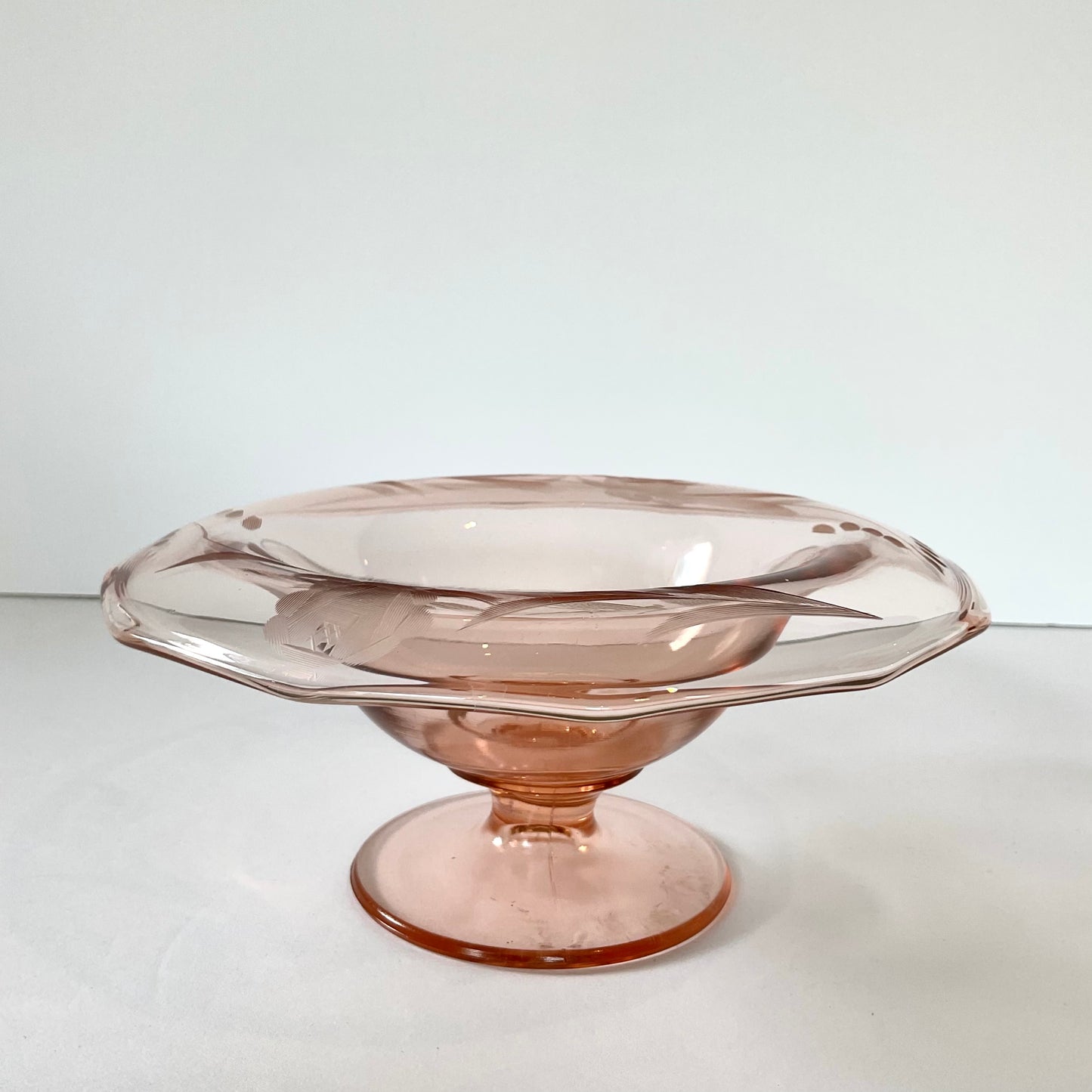 Vintage Pink Depression Glass Rolled Rim Pedestal Bowl with Roses