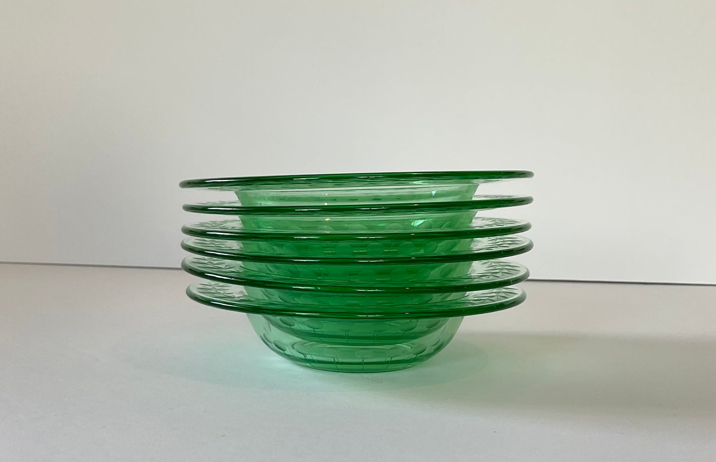 Vintage Set of 6 Clear Green Depression Glass Etched Laurel Pattern Dessert Bowls