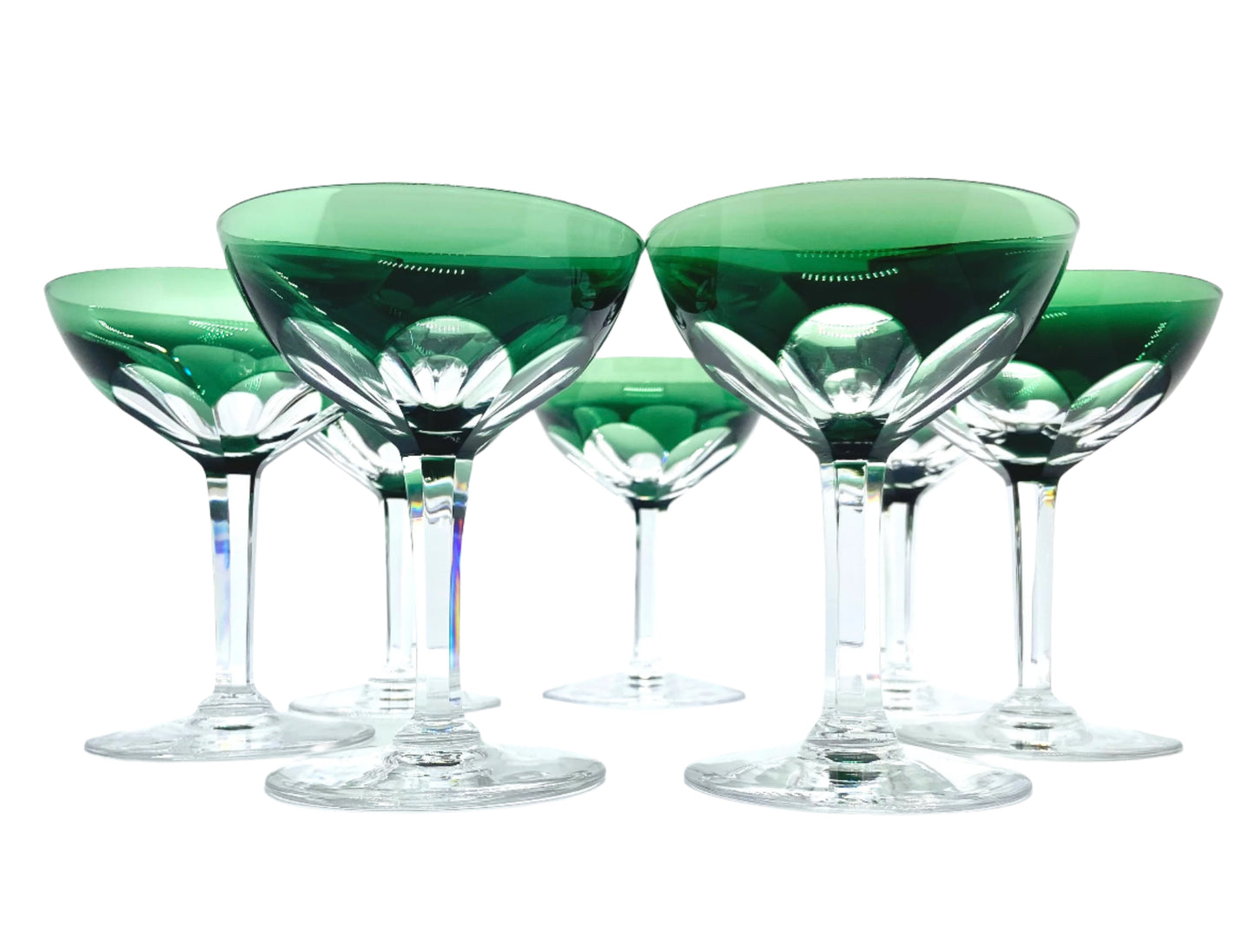 Val St Lambert Osram Emerald Green Roemer 5 1/4" Champagne Glasses Set of 7
