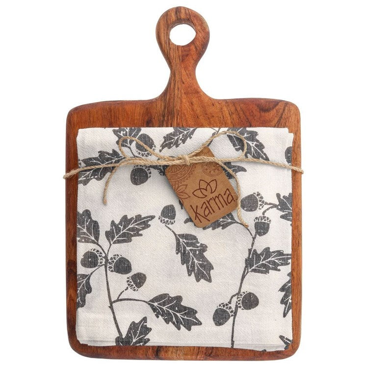 Karma Gifts - Cutting Board w/Tea Towel Gray Acorns