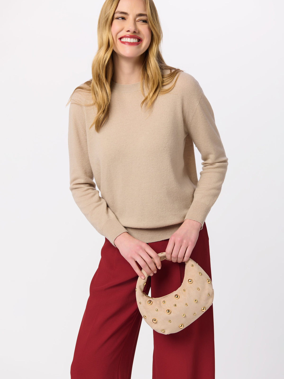 Bone crescent top handle bag with gold studs, alternate view