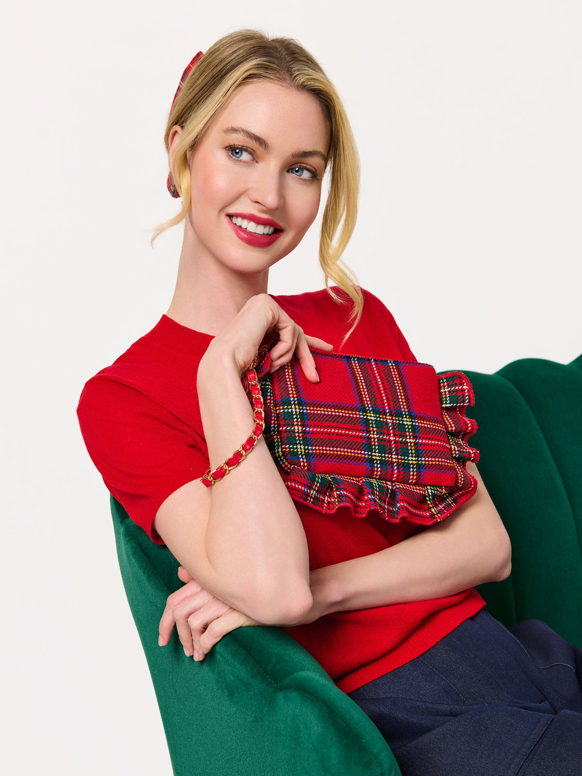 Red plaid ruffle wristlet, alternate view