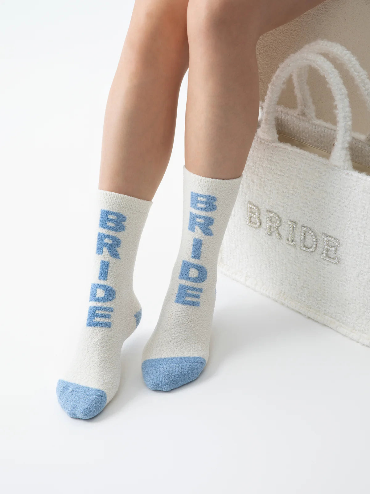 Blue "Bride" Ivory Fuzzy Socks