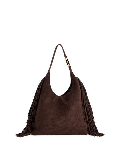 Shiraleah Janis Fringe Hobo Bag in Chocolate brown, front view