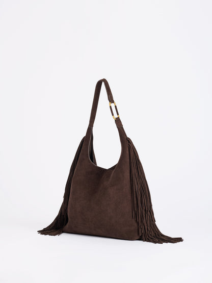 Chocolate brown fringe hobo bag, alternate view