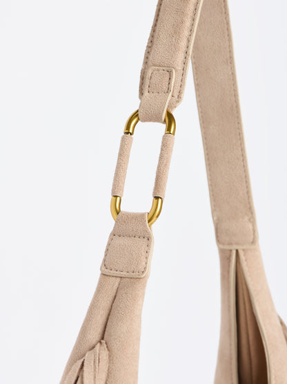 Shiraleah Janis Fringe Hobo Bag in Clay worn on shoulder