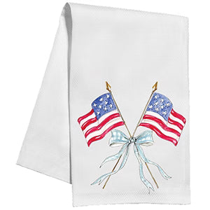 Handpainted America Flags Crossed Blue Bow Kitchen Towel