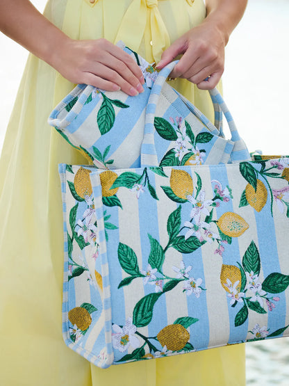 Blue Lemon Stripe Jacquard Wristlet Pouch