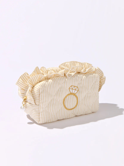 Beige Ruffle Ring Bling Small Zip Pouch