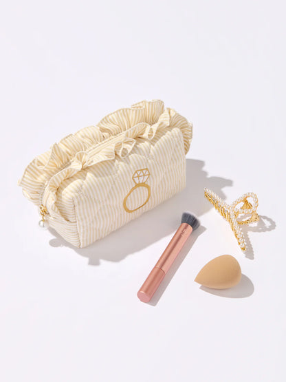 Beige Ruffle Ring Bling Small Zip Pouch