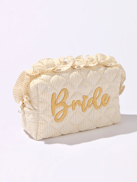 Beige Ruffle "Bride" Large Zip Pouch