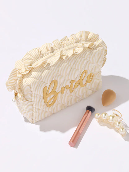 Beige Ruffle "Bride" Large Zip Pouch
