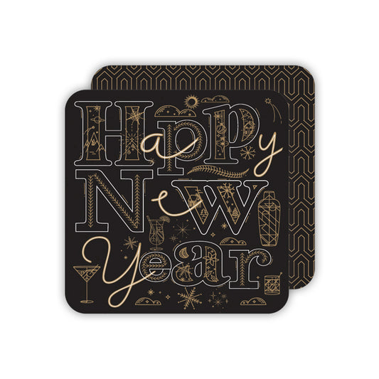 Happy New Year Gold on Black Square Coaster