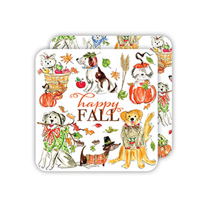 Happy Fall Party Pooches With Leaves and Pumpkins Square Coaster