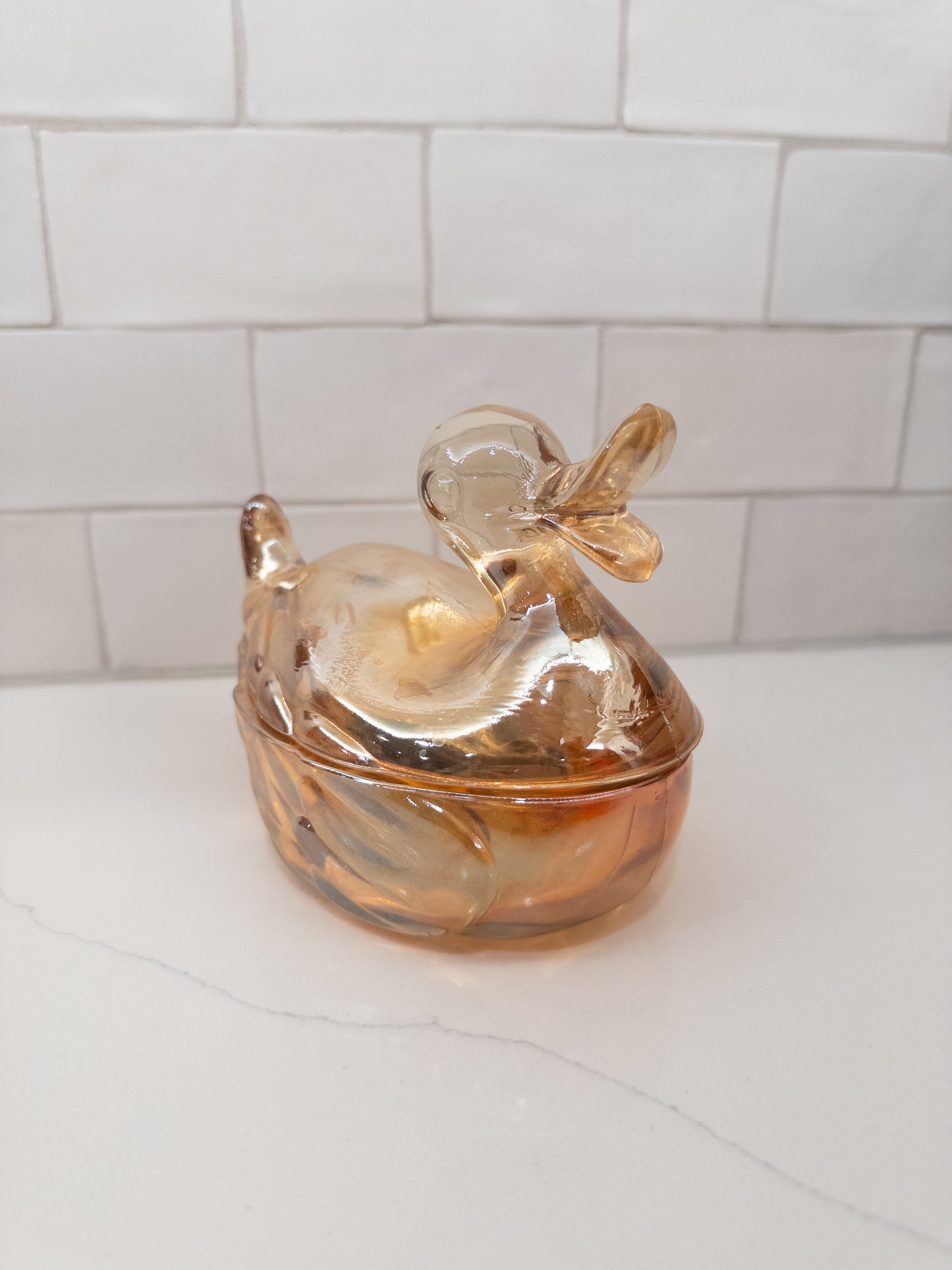 Vintage Marigold Carnival Glass Duck Lidded Candy Dish