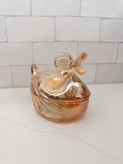 Vintage Marigold Carnival Glass Duck Lidded Candy Dish