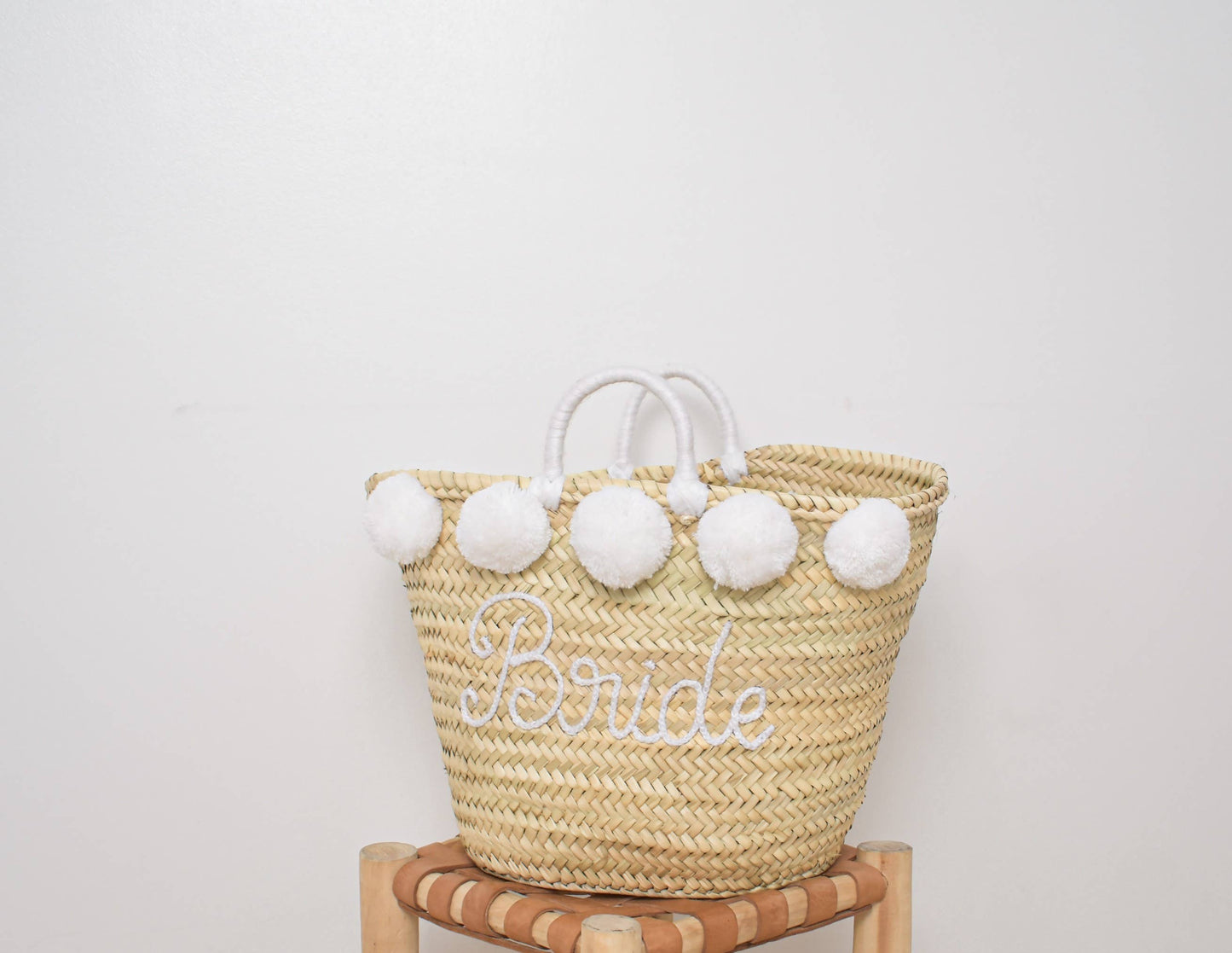 'Bride' Straw Tote with Pom-Poms for Weddings