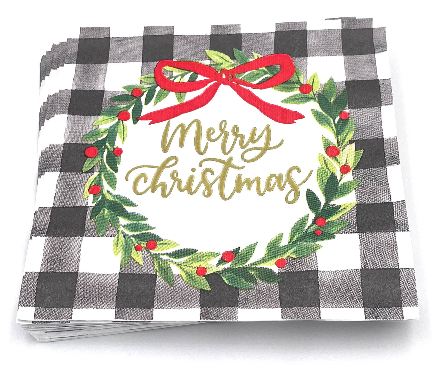 Check Wreath Merry Christmas - Christmas Cocktail Napkins