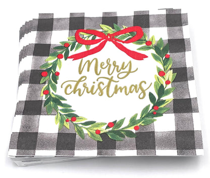 Check Wreath Merry Christmas - Christmas Cocktail Napkins
