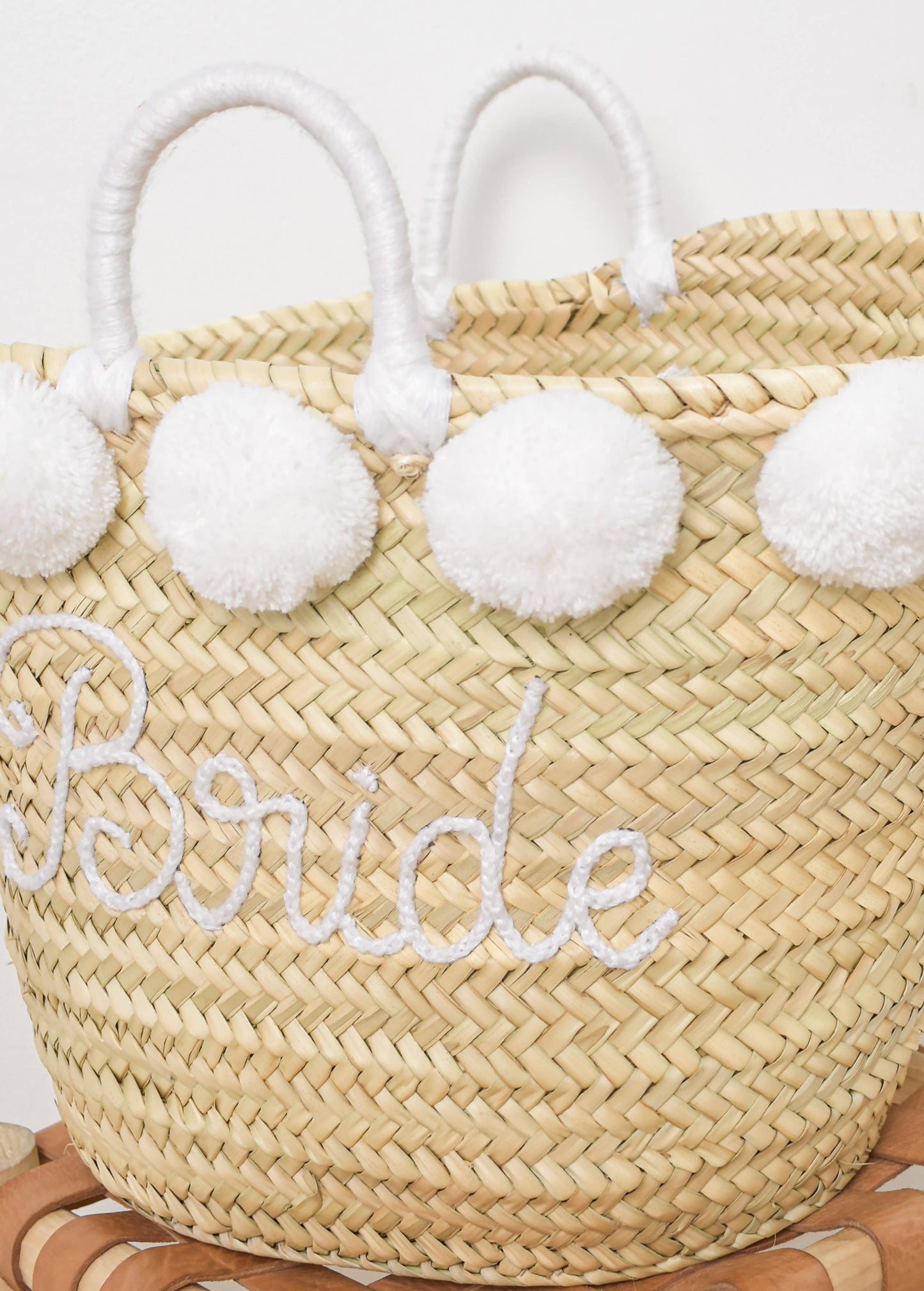 'Bride' Straw Tote with Pom-Poms for Weddings