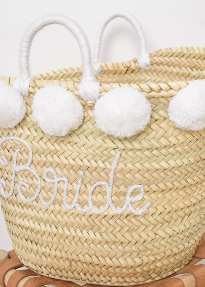 'Bride' Straw Tote with Pom-Poms for Weddings