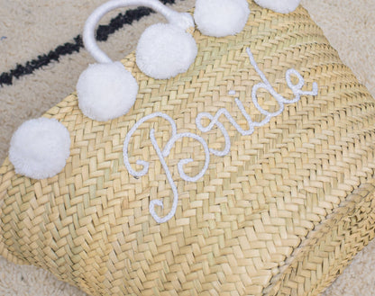 'Bride' Straw Tote with Pom-Poms for Weddings