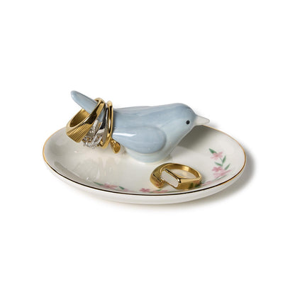 Blue bird ceramic ring holder dish holding gold rings