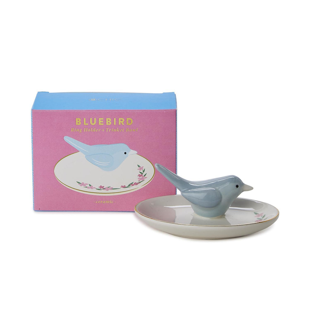 Blue bird ring holder with its pink gift box