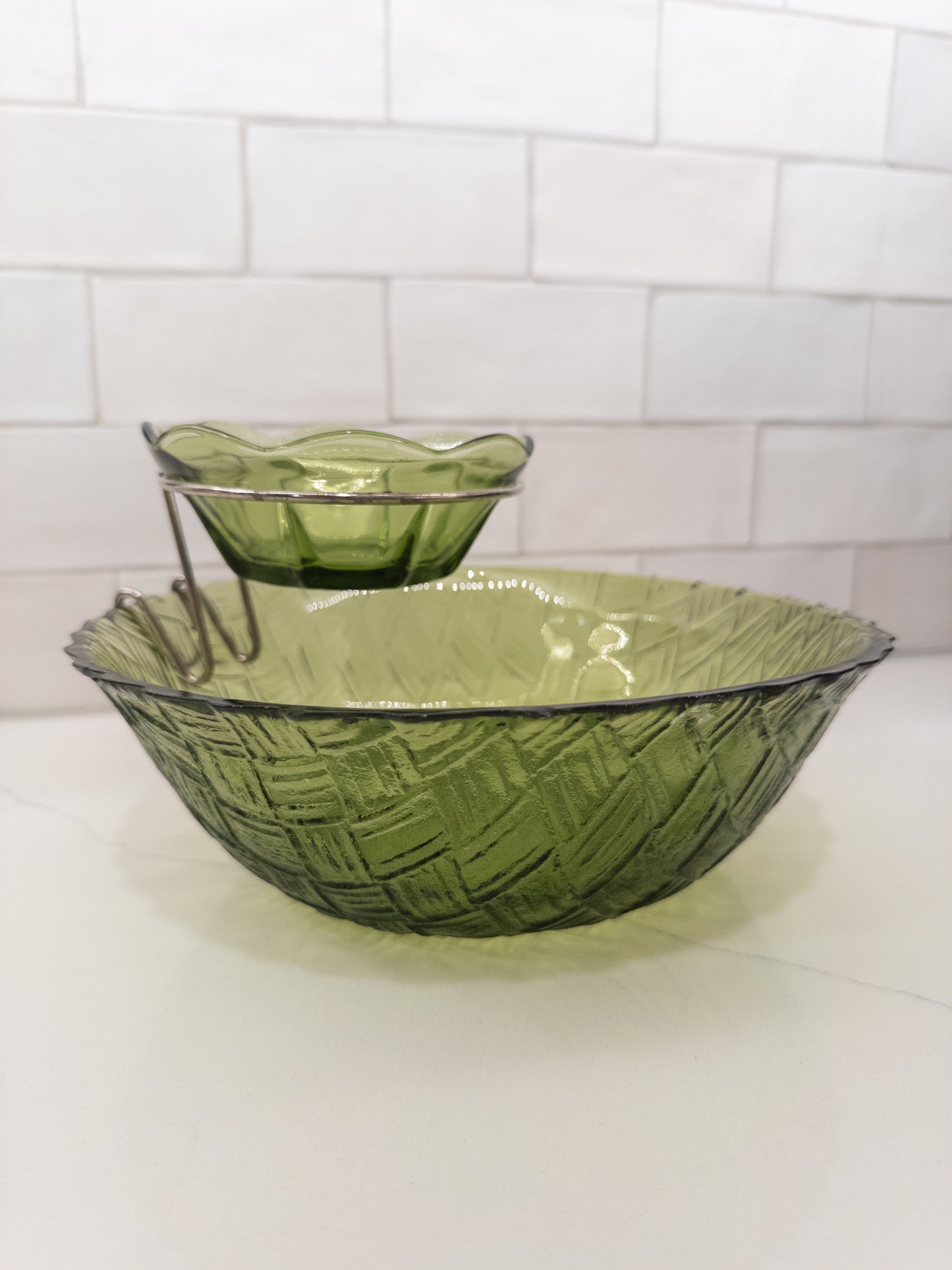 Vintage Indiana Avocado Green Basketweave Chip and Dip Set