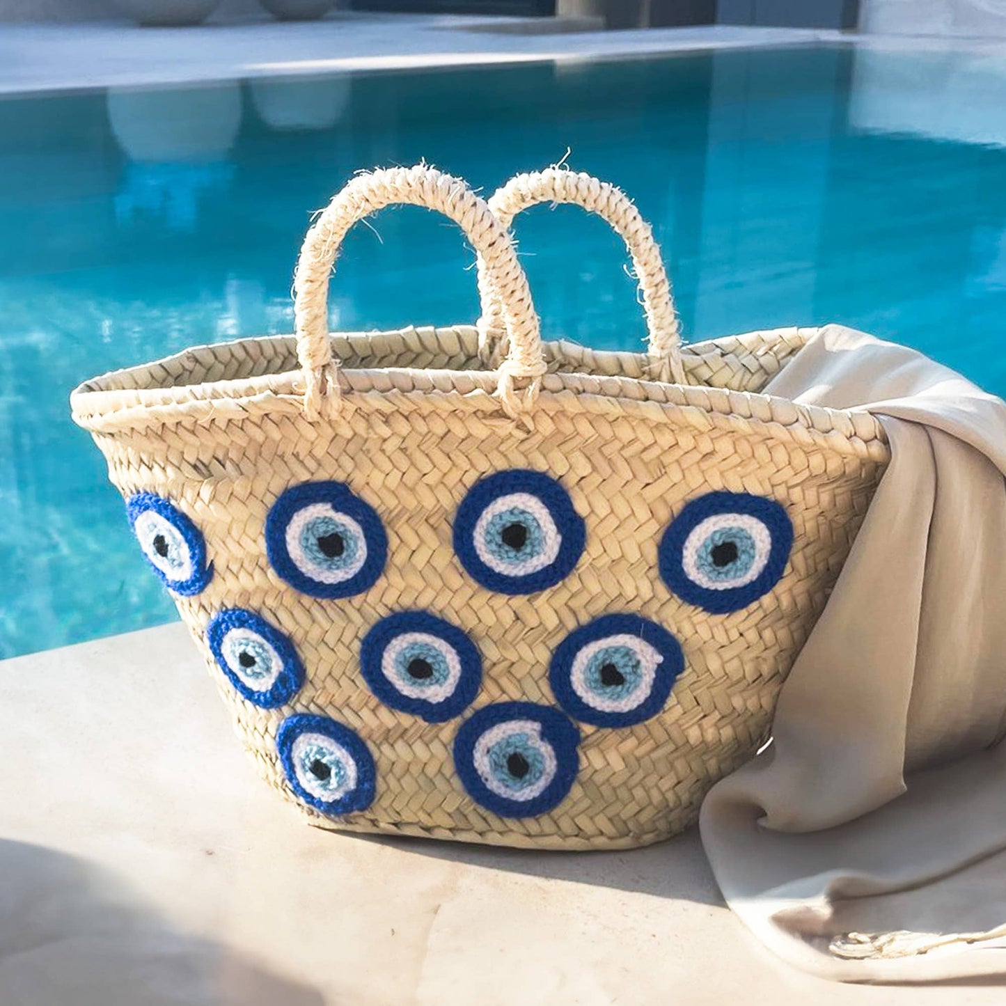 Handmade Moroccan Basket with Blue Evil Eyes