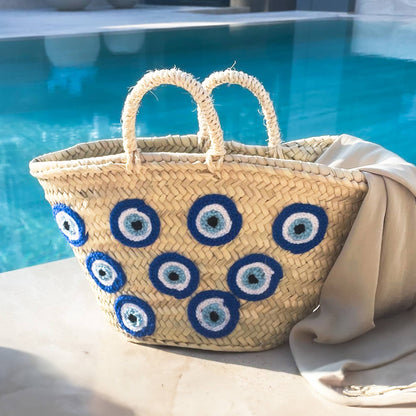 Handmade Moroccan Basket with Blue Evil Eyes