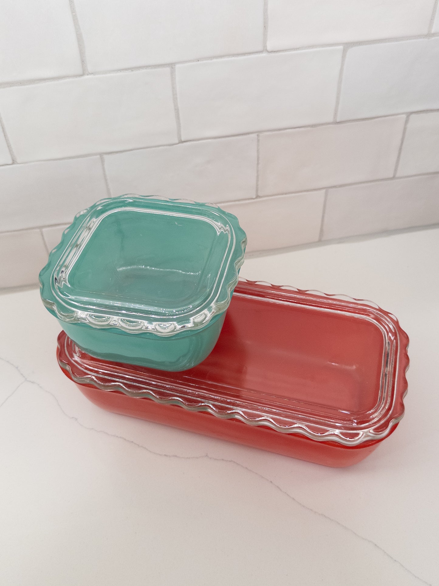 S/2, Vintage Jeannette Refrigerator Dishes w/ Ruffed Rims