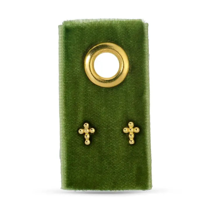 Gold Petite Dot Cross Studs On Velvet Tag