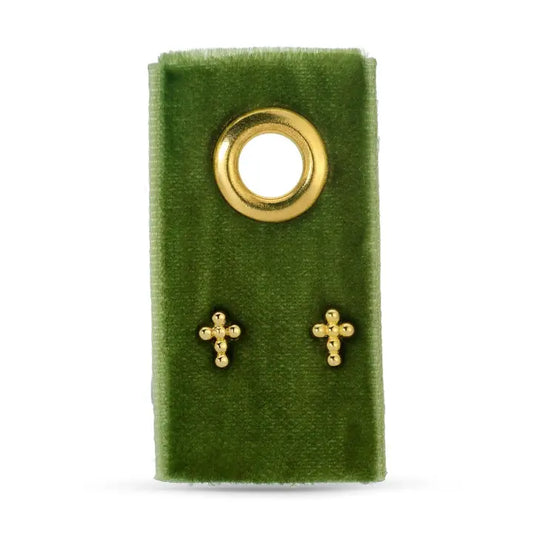 Gold Petite Dot Cross Studs On Velvet Tag